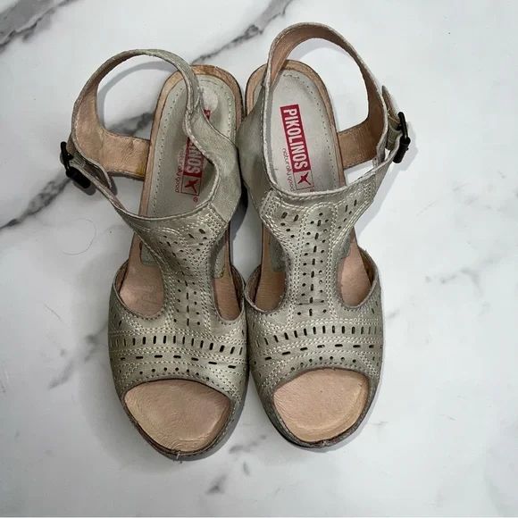 PIKOLINOS Moraira Gray Leather Laser Cut T Strap Sandal Size 37 - Picture 5 of 13